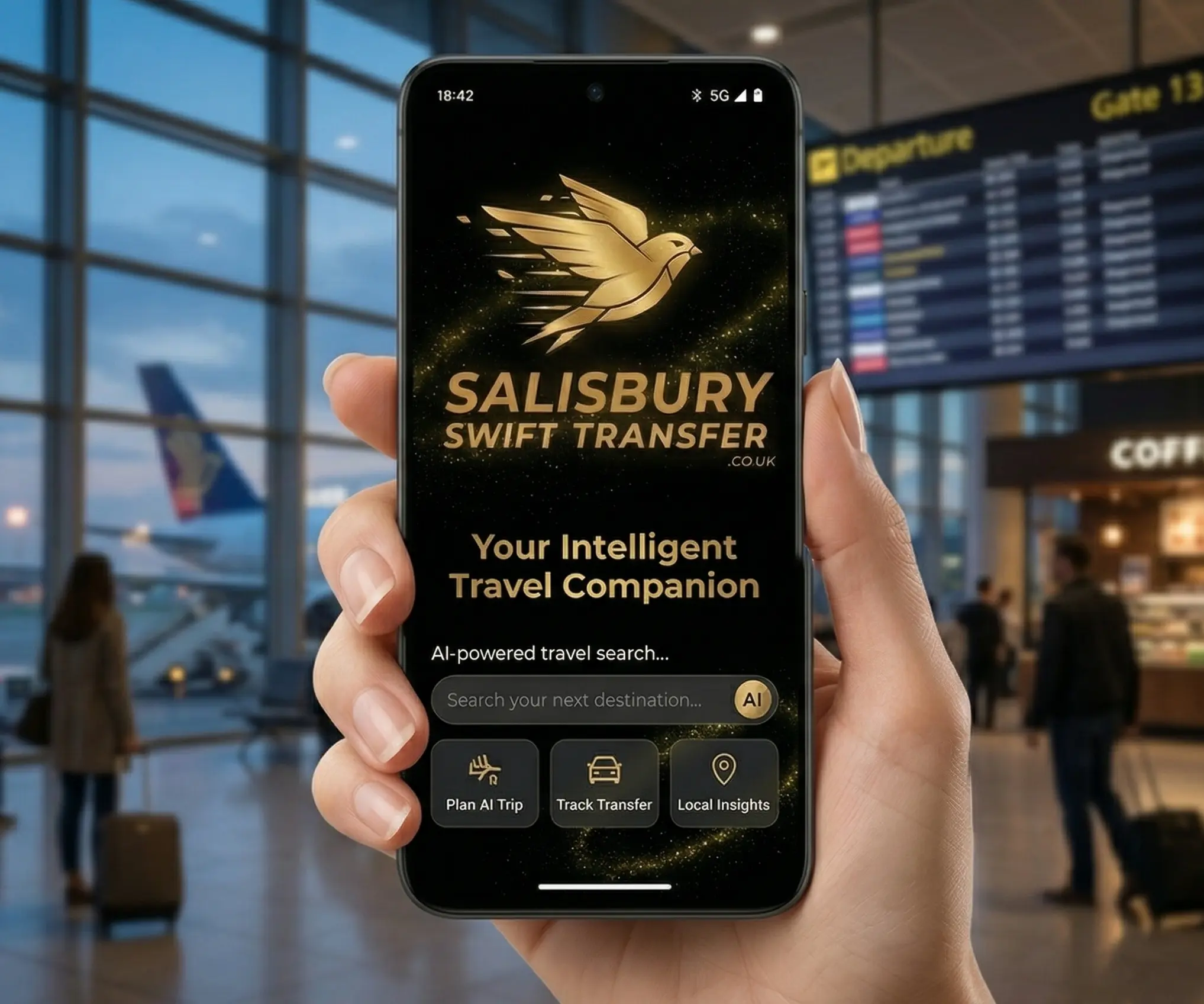 A person holding a smartphone displaying the Salisbury Swift Transfer app with its golden bird logo, set against a blurred background of an airport departure terminal.