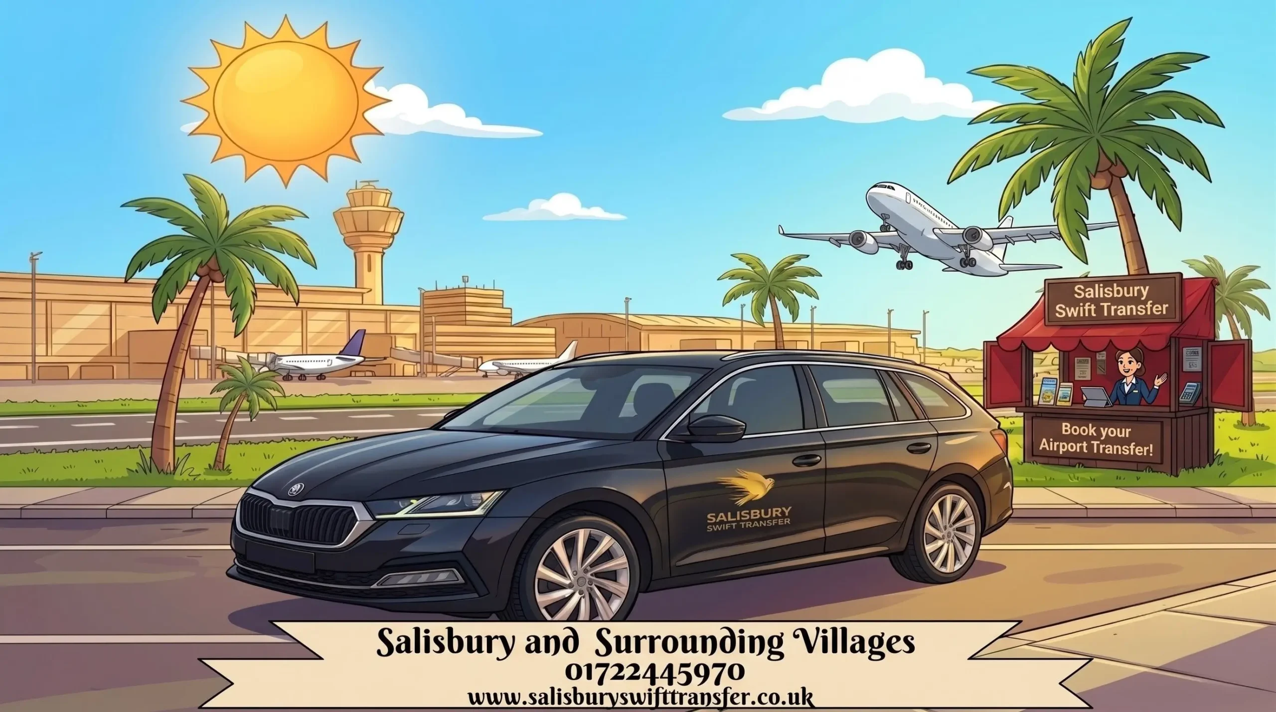 Salisbury Swift Transfer estate car at the airport with an airplane taking off at sunset.
